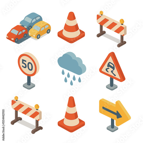 Traffic Icon Grid. Isometric Flat icon set of traffic and road conditions: traffic jam queue, roadworks cone, accident site