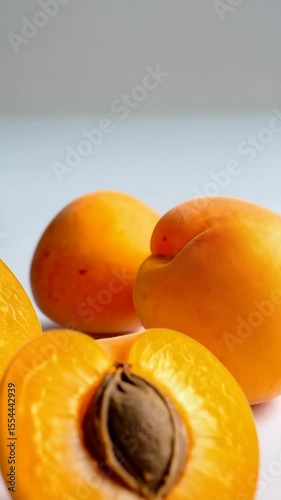 Fresh apricots on light backdrop, with a halved apricot exposing the pit, displaying its juicy flesh and vibrant color