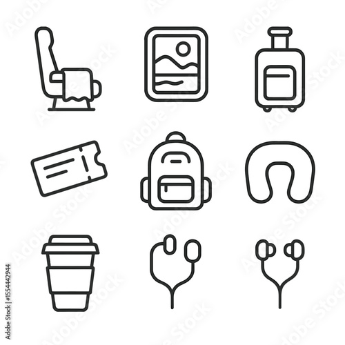 Train Journey Icons. Outline icon set of train journey with lap blanket: train seat, lap blanket, window view, suitcase, ticket,