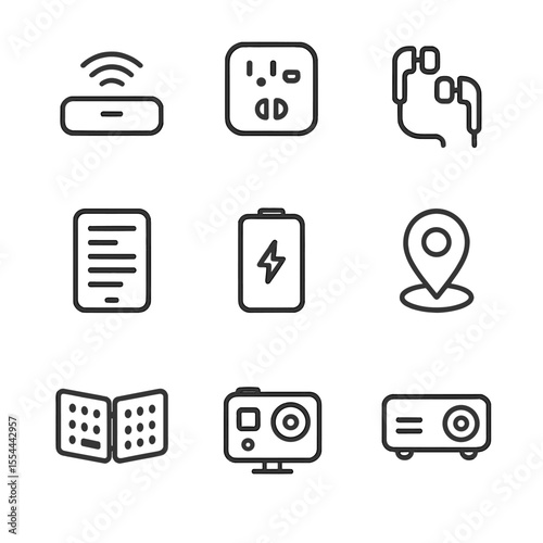 Travel Tech Icons. Outline icon set of travel tech gadgets: portable Wi-Fi hotspot, travel adapter, noise-canceling earphones,