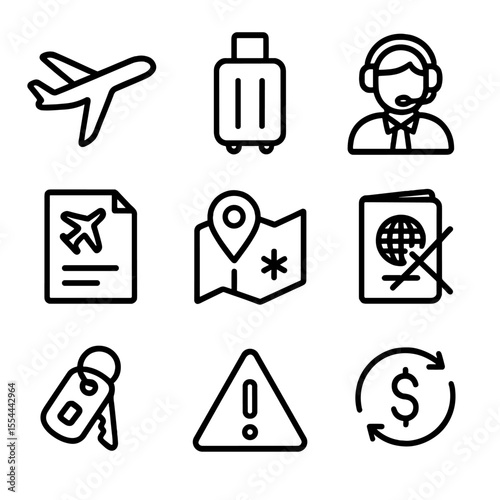 Travel Assistance Icons. Outline icon set of travel assistance helpline: airplane silhouette, luggage icon, telephone support