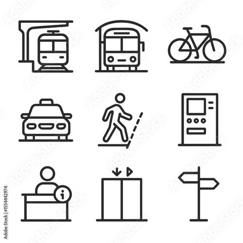 Transit Icon Set. Outline icon set of multimodal transit centers: train platform, bus bay, bike rack, taxi stand, pedestrian