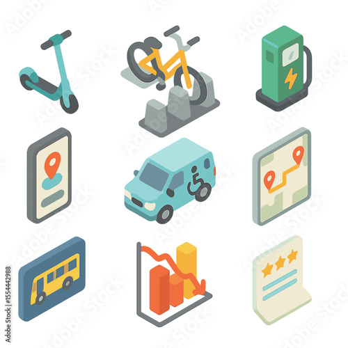 Transportation Startup Icons. Isometric Flat icon set of mobility and transportation social startups: shared electric scooter,