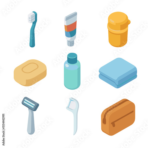 Travel Essentials Icons. Isometric Flat icon set of travel bathroom kits: travel toothbrush, mini toothpaste tube, collapsible