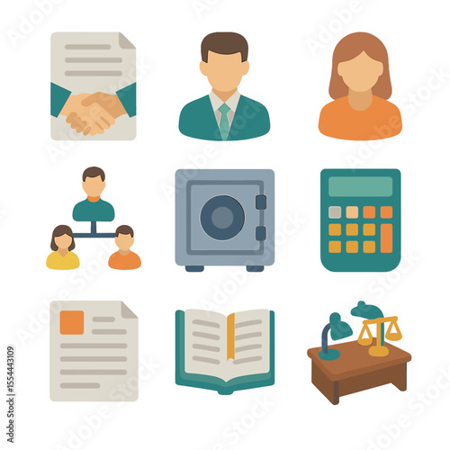 Trust Icon Set. Isometric Flat icon set of trust establishment: trust agreement, trustee avatar, beneficiary avatar, family tree