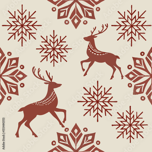 Reindeer and snowflakes seamless vector pattern in winter theme  