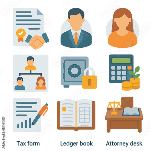 Trust Icon Set. Isometric Flat icon set of trust establishment: trust agreement, trustee avatar, beneficiary avatar, family tree