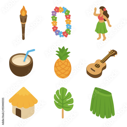 Tropical Party Icons. Isometric Flat icon set of tropical luau party decorations: tiki torch, lei garland, hula dancer, coconut