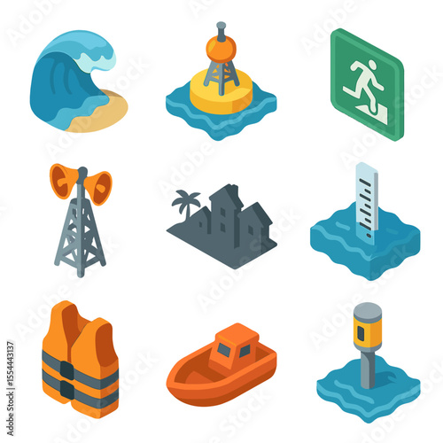 Tsunami Preparedness Icons. Isometric Flat icon set of earthquake-generated tsunamis: tsunami wave, coastal sensor buoy,