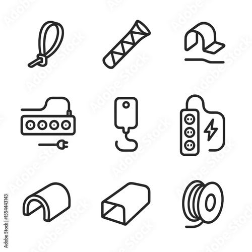 TV Stand Cable Management Icons. Outline icon set of TV Stand Cable Management: cable tie, cable sleeve, cable clip, power strip,