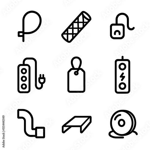 TV Stand Cable Management Icons. Outline icon set of TV Stand Cable Management: cable tie, cable sleeve, cable clip, power strip,