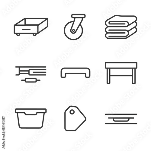 Under-Bed Drawer Icons. Outline icon set of under-bed sliding drawers: pull-out drawer, caster wheel, folded clothes, sliding