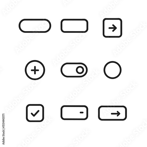 UI Button Icon Set. Outline icon set of UI Button Types: primary button, secondary button, icon button, floating action button,