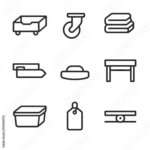 Under-Bed Drawer Icons. Outline icon set of under-bed sliding drawers: pull-out drawer, caster wheel, folded clothes, sliding