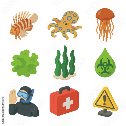 Underwater Poisonous Icons. Isometric Flat icon set of poisonous underwater plants: lionfish, blue-ringed octopus, sea nettle,