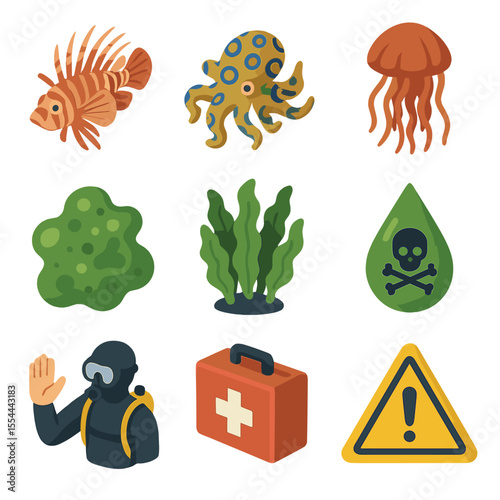 Underwater Poisonous Icons. Isometric Flat icon set of poisonous underwater plants: lionfish, blue-ringed octopus, sea nettle,