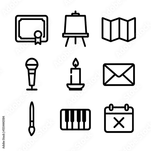 Unrealized Aspirations Icons. Outline icon set of Unrealized Aspirations: blank diploma, empty easel, unfolded map, vacant