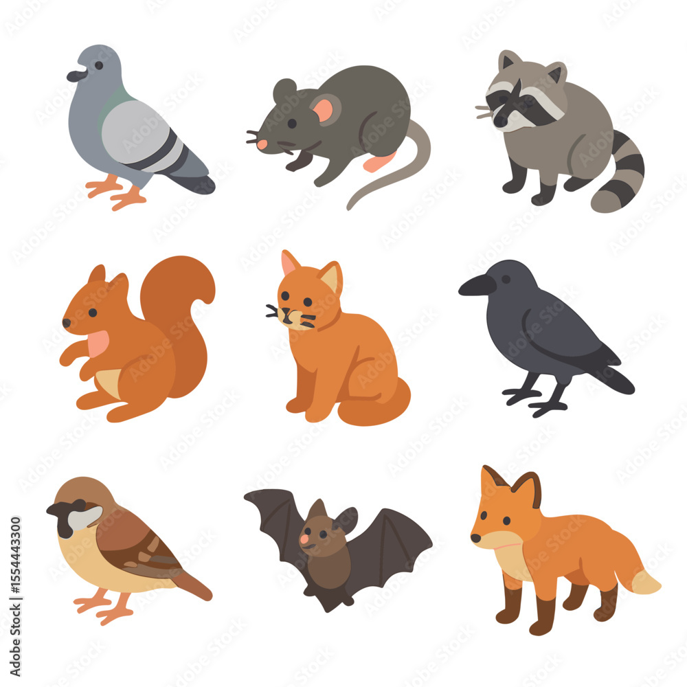 Fototapeta premium Urban Wildlife Icons. Isometric Flat icon set of urban wildlife fauna: pigeon, rat, raccoon, squirrel, stray cat, crow, sparrow,