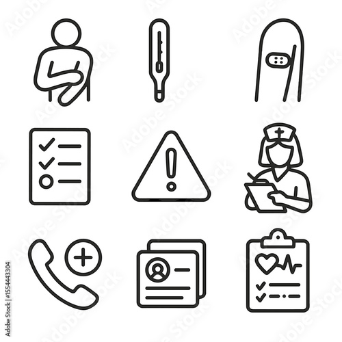 Vaccination Monitoring Icons. Outline icon set of Vaccination Side Effects Monitoring: patient holding forearm, thermometer