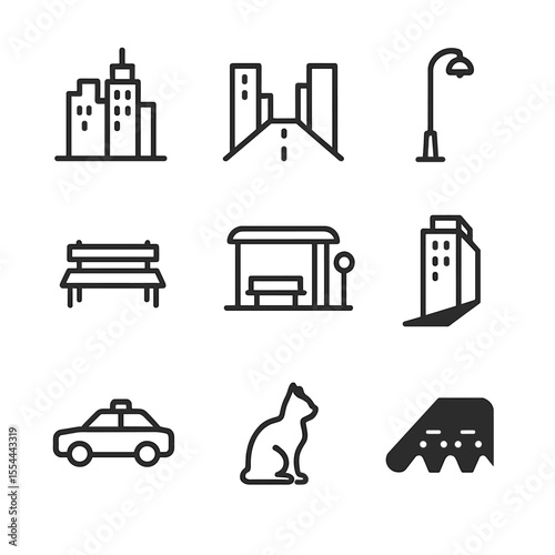 Urban Solitude Icons. Outline icon set of urban solitude: city skyline with one lit window, empty street, lone streetlamp,
