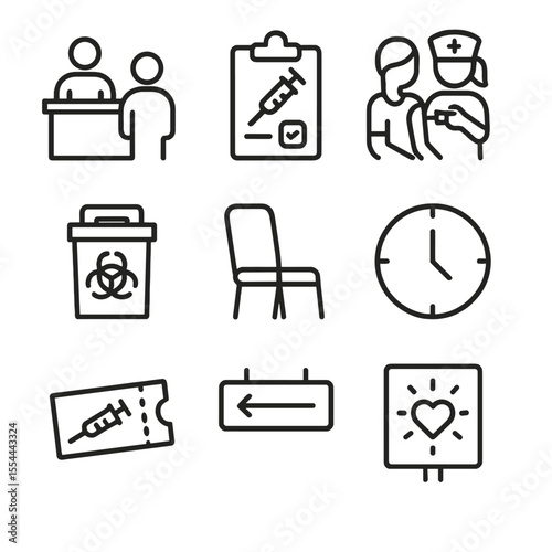 Vaccination Process Icons. Outline icon set of vaccination process flow: registration desk, consent form clipboard, nurse