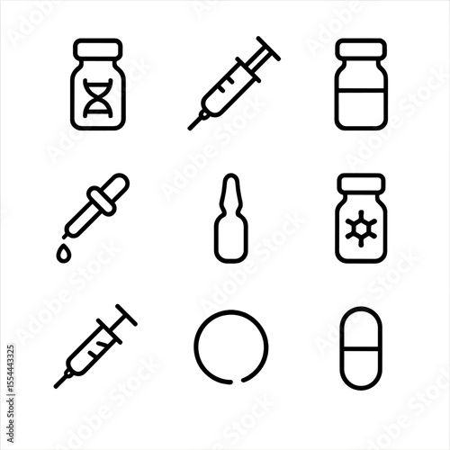 Vaccine Icons Grid. Outline icon set of Vaccine Types: mRNA vaccine vial, live attenuated syringe, inactivated vaccine bottle,