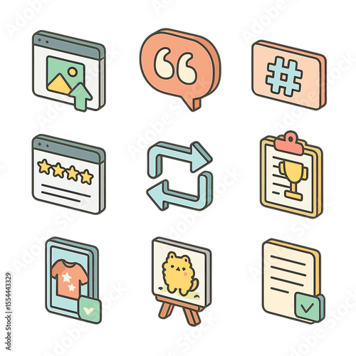 User Content Icon Set. Isometric Flat icon set of User-Generated Content Campaigns: customer photo upload, testimonial quote