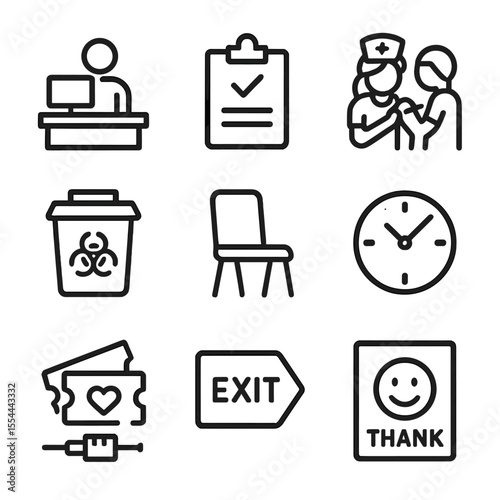 Vaccination Process Icons. Outline icon set of vaccination process flow: registration desk, consent form clipboard, nurse