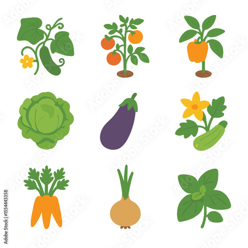 Vegetable Garden Icons. Isometric Flat icon set of vegetable garden assortment: cucumber vine with leaves, tomato plant with fruit