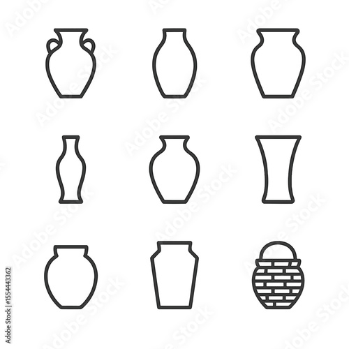 Vase Outline Icons. Outline icon set of Decorative Vase Styles: ceramic vase, glass vase, earthenware vase, metal vase, porcelain