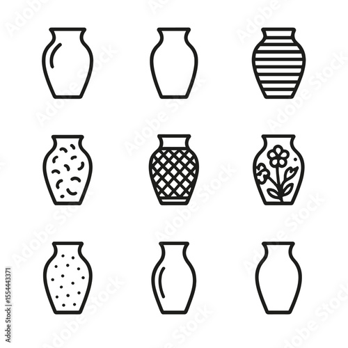 Vase Icon Collection. Outline icon set of Vase Material and Texture Details: glazed finish vase, matte finish vase, ribbed texture