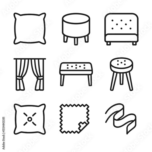 Velvet Decor Icons. Outline icon set of Home Decor Accents with Velvet: velvet pillow, velvet ottoman, velvet headboard, velvet