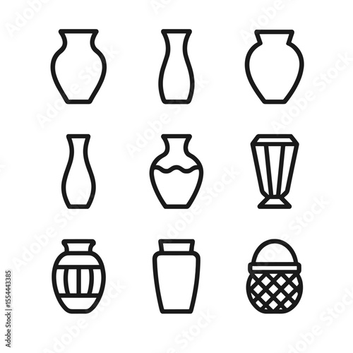 Vase Outline Icons. Outline icon set of Decorative Vase Styles: ceramic vase, glass vase, earthenware vase, metal vase, porcelain