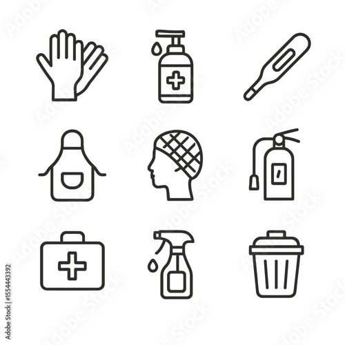 Vendor Safety Icons. Outline icon set of hygiene and safety for vendors: disposable gloves, hand sanitizer, thermometer, apron,