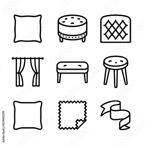 Velvet Decor Icons. Outline icon set of Home Decor Accents with Velvet: velvet pillow, velvet ottoman, velvet headboard, velvet