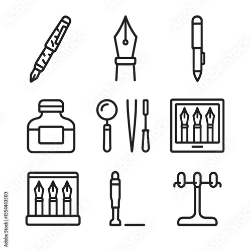 Vintage Pen Icons. Outline icon set of vintage fountain pen collection: amber celluloid pen, gold-plated nib, ebonite shaft, lever