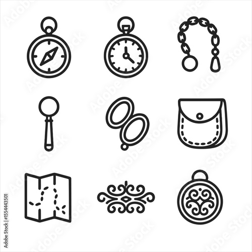 Vintage Pocket Icons. Outline icon set of vintage pocket compass sets: pocket compass, pocket watch, chain fob, magnifying glass,