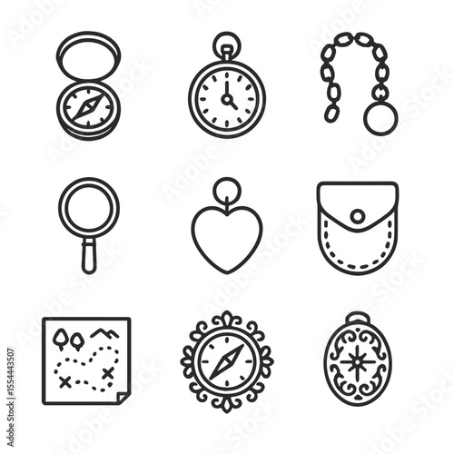 Vintage Pocket Icons. Outline icon set of vintage pocket compass sets: pocket compass, pocket watch, chain fob, magnifying glass,