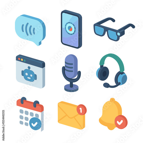 Virtual Assistant Icon Set. Isometric Flat icon set of virtual assistants: voice command bubble, smartphone with assistant app,