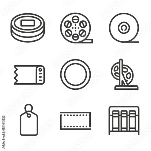 Vintage Film Icons. Outline icon set of Vintage Film Reel and Canisters: metal film can, spooled film reel, reel hub, film leader,