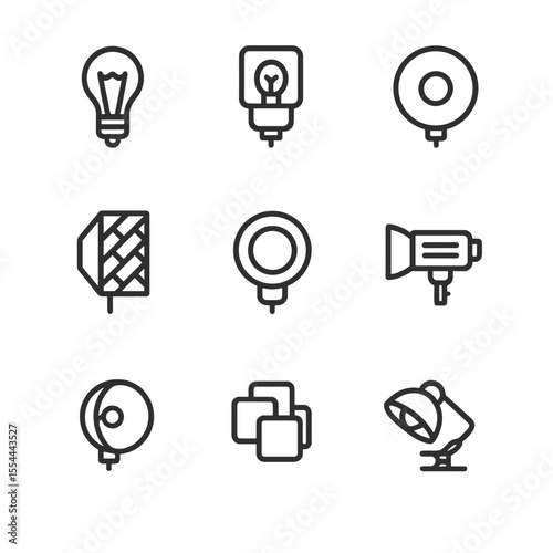 Vintage Photo Lighting Icons. Outline icon set of photography lighting equipment (vintage): tungsten bulb lamp, flashbulb,