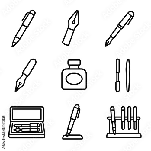 Vintage Pen Icons. Outline icon set of vintage fountain pen collection: amber celluloid pen, gold-plated nib, ebonite shaft, lever