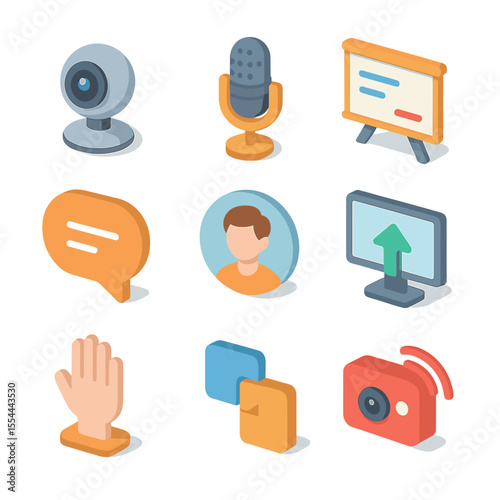 Virtual Classroom Icons. Isometric Flat icon set of virtual classroom: webcam, microphone, whiteboard, chat bubble, participant