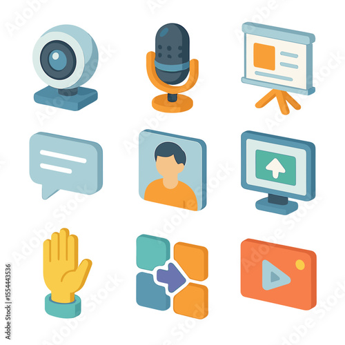 Virtual Classroom Icons. Isometric Flat icon set of virtual classroom: webcam, microphone, whiteboard, chat bubble, participant