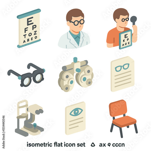 Vision Checkup Icons. Isometric Flat icon set of vision checkup process: eye chart, optometrist with glasses, patient reading