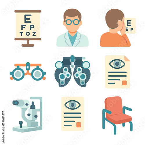 Vision Checkup Icons. Isometric Flat icon set of vision checkup process: eye chart, optometrist with glasses, patient reading