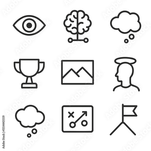 Visualization Icon Set. Outline icon set of visualization techniques: focused eye, mental map, dream cloud, trophy silhouette,