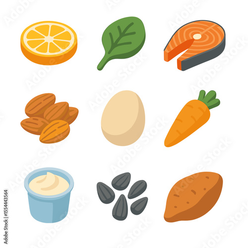 Vitamin Source Icons. Isometric Flat icon set of natural vitamin sources: orange slice, spinach leaf, salmon fillet, almond