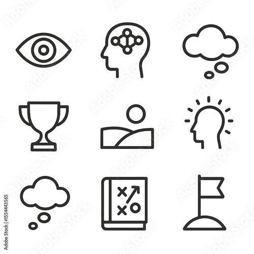 Visualization Icon Set. Outline icon set of visualization techniques: focused eye, mental map, dream cloud, trophy silhouette,