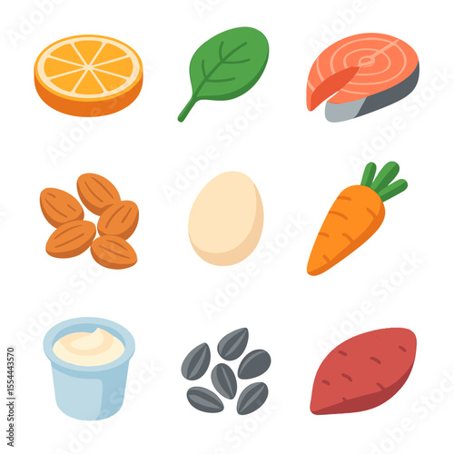 Vitamin Source Icons. Isometric Flat icon set of natural vitamin sources: orange slice, spinach leaf, salmon fillet, almond